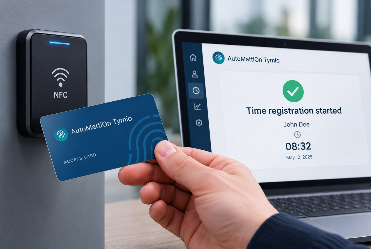 Medewerker houdt een AutoMattiOn Tymio NFC-badge bij een lezer terwijl het scherm de gestarte tijdsregistratie toont